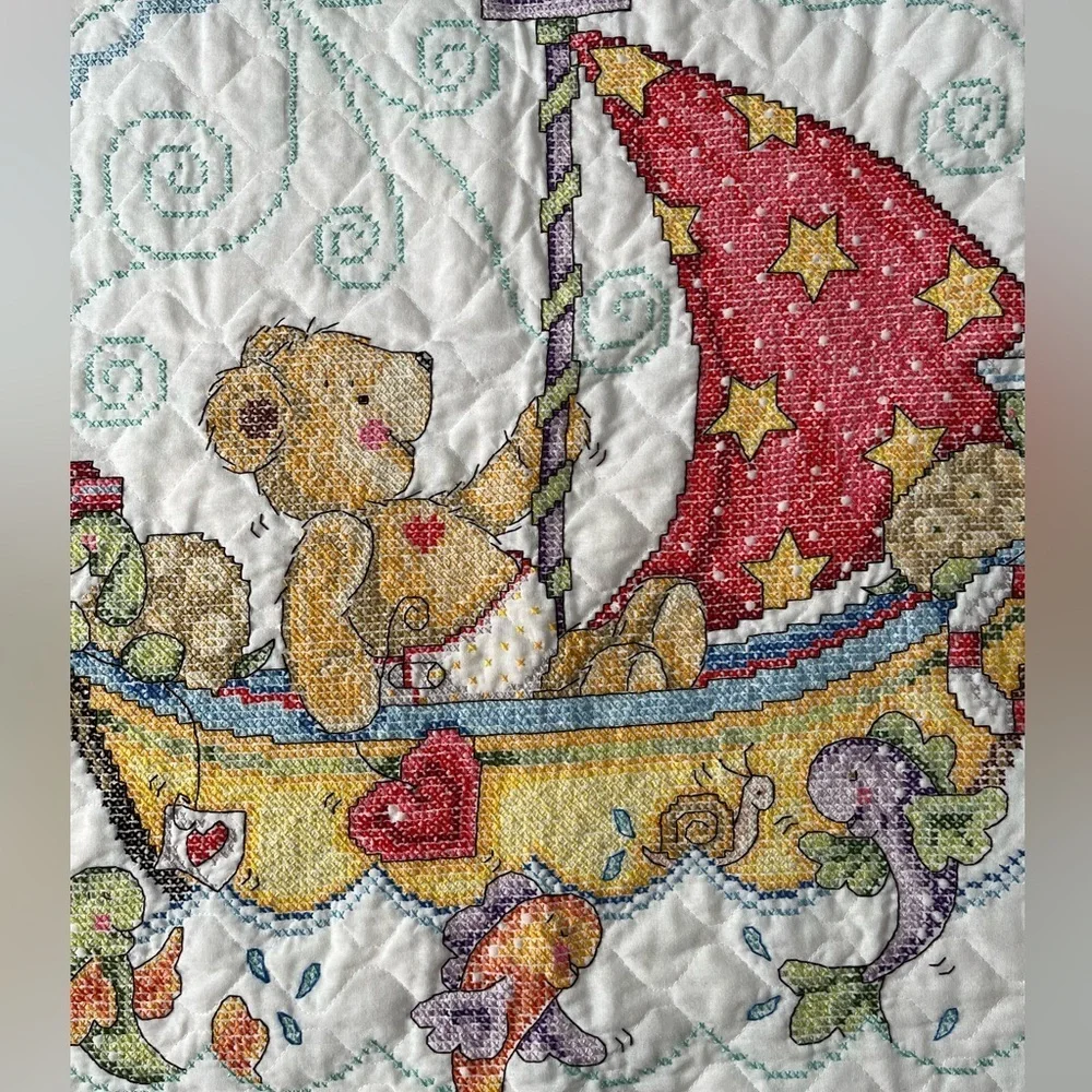 Quilted Embroidered Baby Blanket, Teddy Bear on Sailboat Design. White